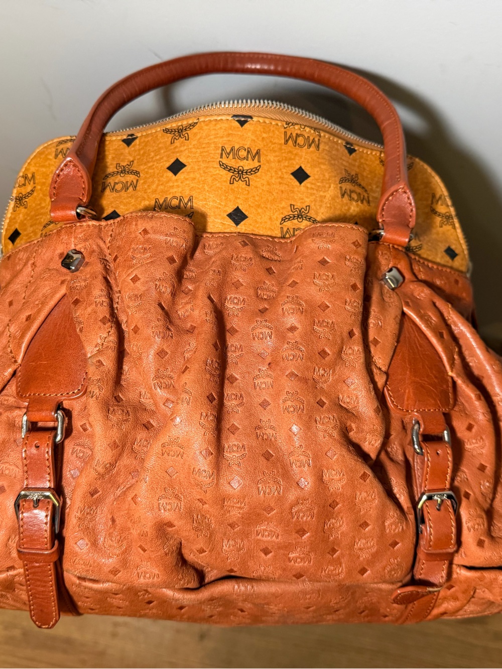MCM Orange Leather Logo Satchel with Contrast Lining